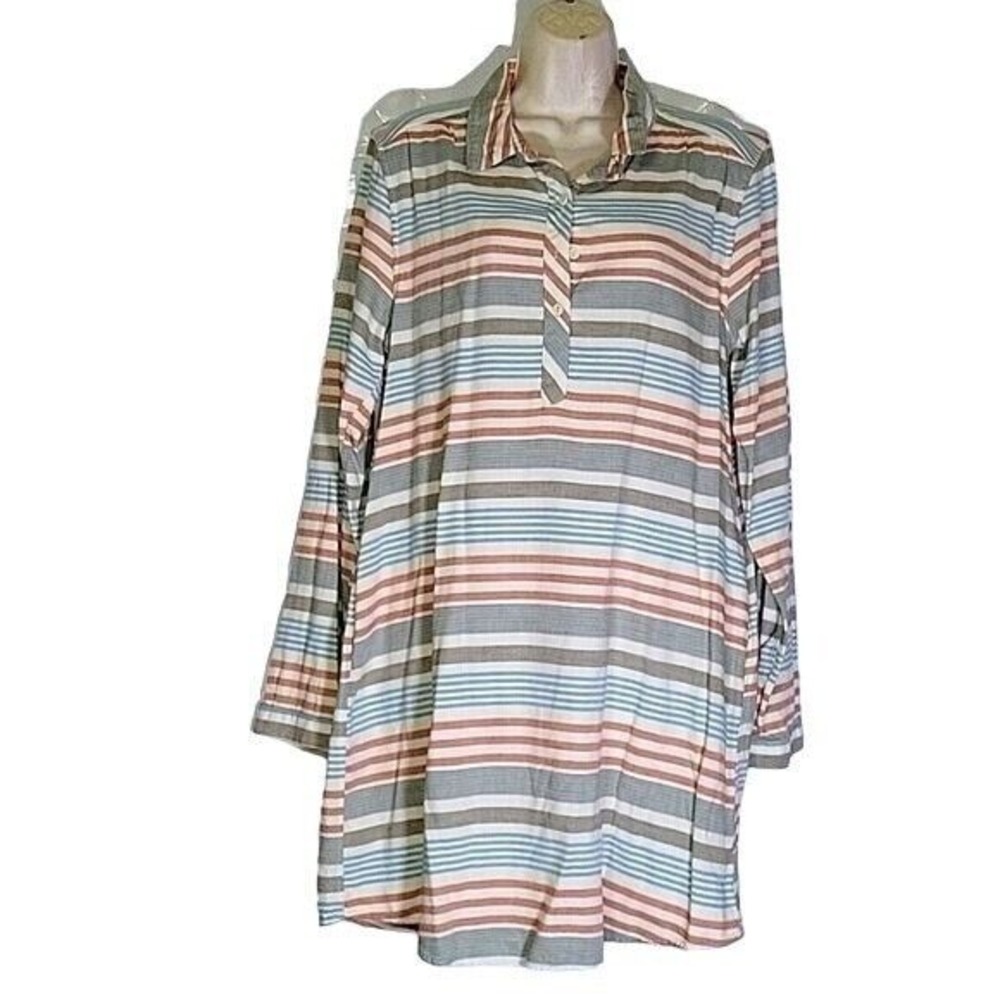 Striped Tunic Top Long Sleeve Collared Button Up Shirt Dress